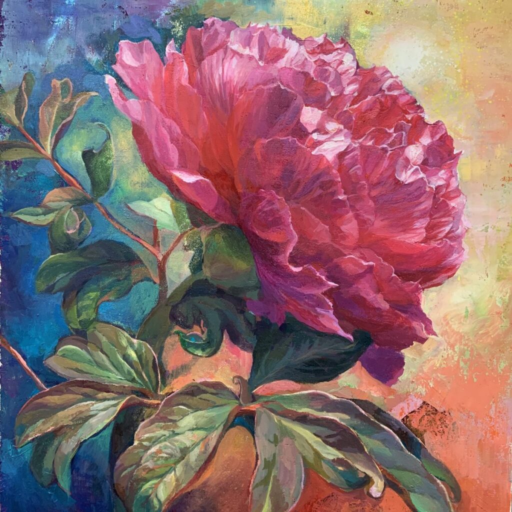 牡丹の花を境にして背景が2分割になっている油彩画